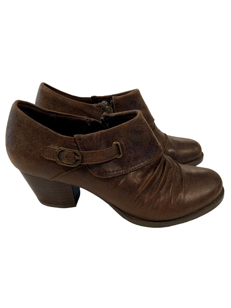 Baretraps Heeled Ankle Booties Womens 7m Brown Faux Leather Side Zip Buckles